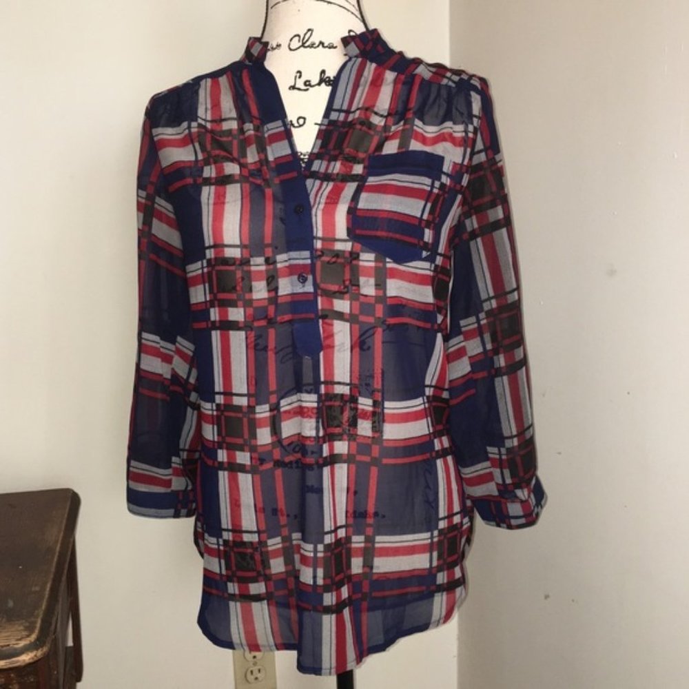 Francesca’s Plaid Red Blue Black Tunic Blouse Top Size Small